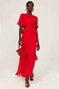 FAME & PARTNERS Red Chiffon Ruffle A-Line Mid-Cut Out Marse Gown Dress Size 2